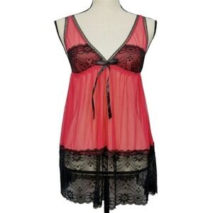 Red and Black Lace Mesh Babydoll Chemise Lingerie Set with G-String